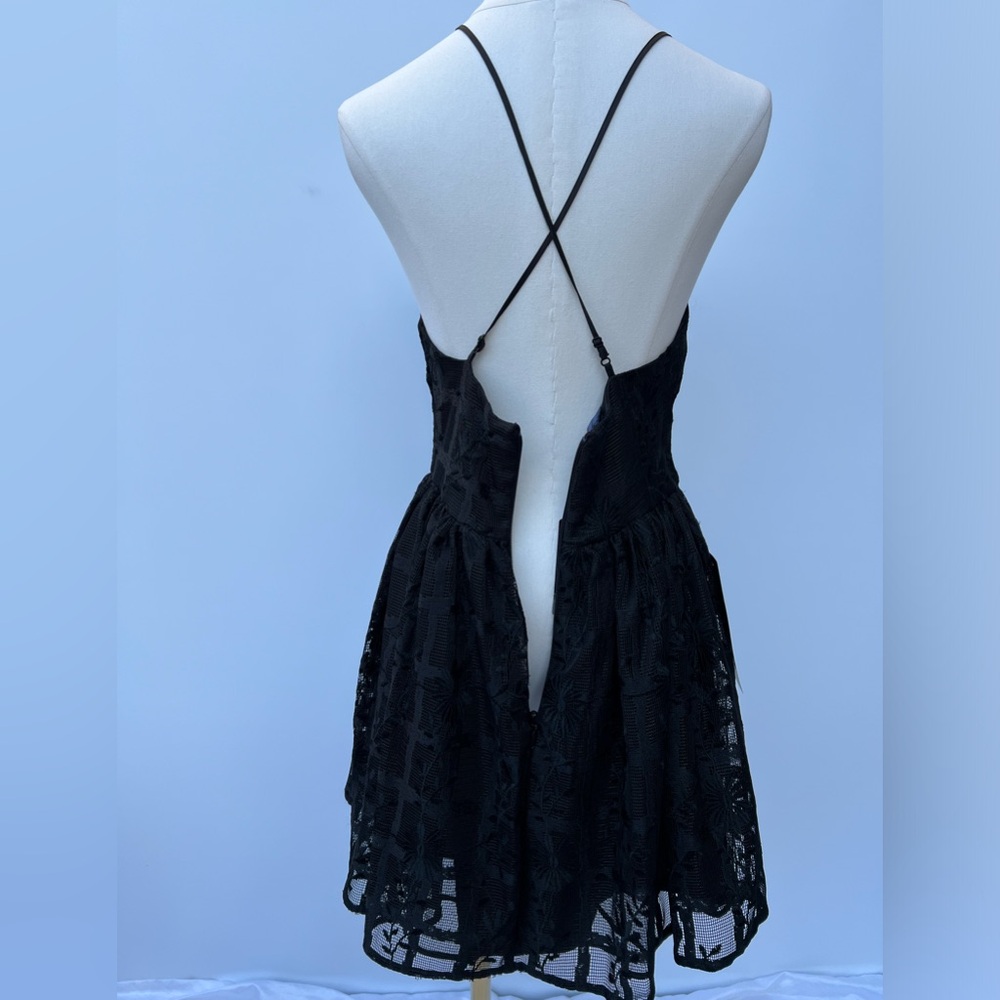 BEBE Black Embroidered Mesh Fit & Flare Mini Dress – Crisscross Back – Size 6 - Picture 6 of 16